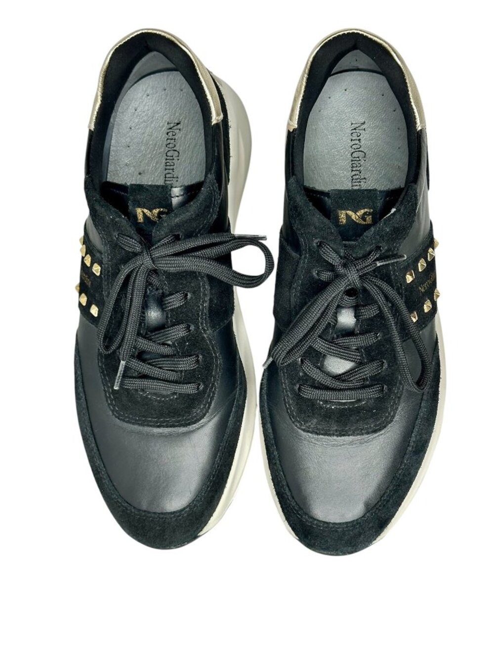 NeroGiardini Italy Leather Suede Studded Sneakers Sz 8.5 (EU 39) Black Gold